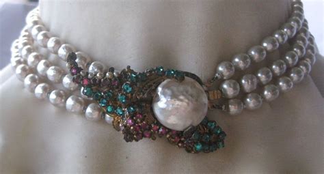 Miriam Haskell 3 Strand Baroque Style Pearls Rhinestone Cluster