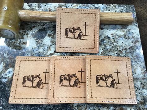 Handcrafted Laser Engraved Praying Cowboy Top Grain Leather Coaster Set