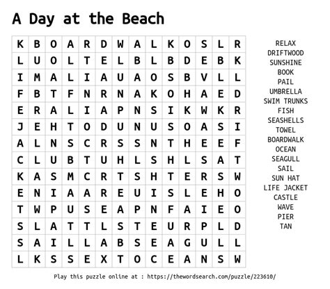 A Day At The Beach Word Search