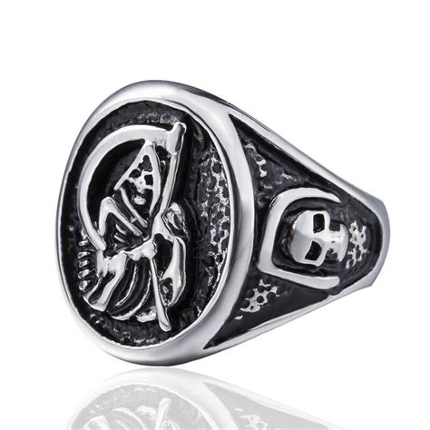 Mens Grim Reaper Stainless Steel Gothic Ring With Skulls For Bikers