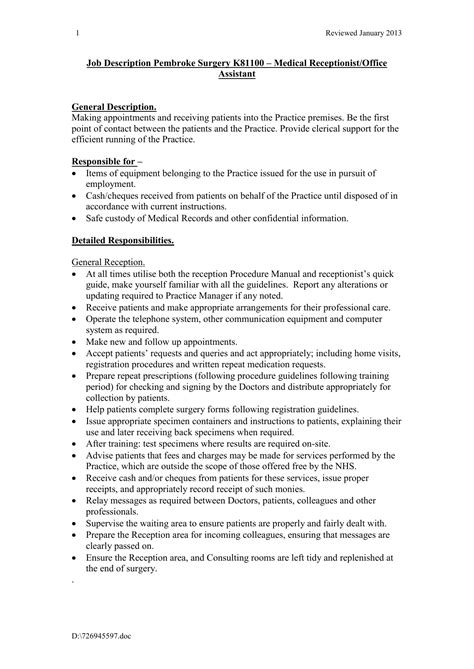 Medical Receptionist Job Description Template