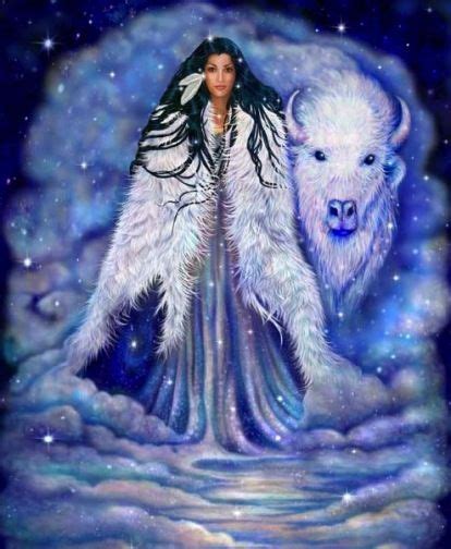 A Woman Standing Next To A White Bear On Top Of A Blue Sky With Stars