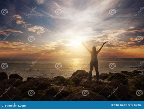 Woman Praising At Sunrise Stock Image Image Of Water 93504623