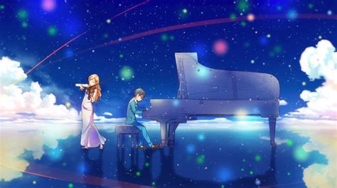 Two People Are Standing Near A Piano In The Sky With Stars And Clouds