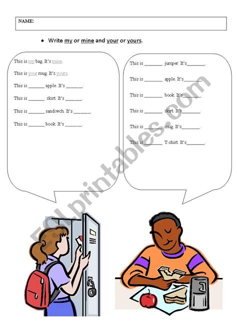 Write My Or Mine And Your Or Yours Esl Worksheet By Nghteacher
