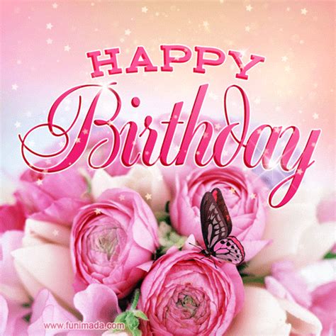 Beautiful Pink Roses Butterflies And Blinking Stars Happy Birthday Card