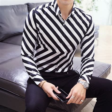 Loldeal Black And White Striped Shirt Mens Casual Business Vertical