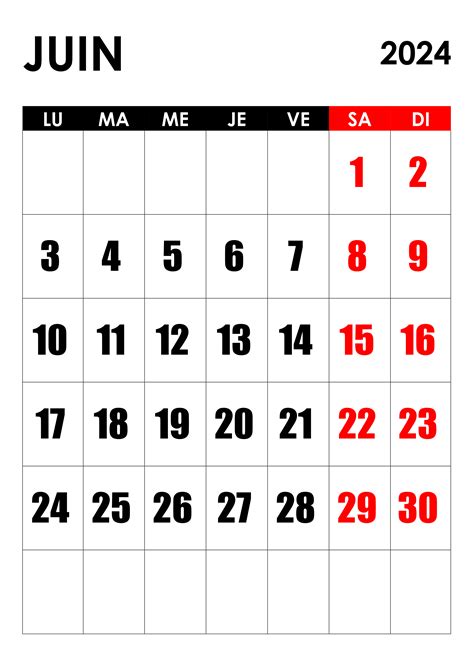 Calendrier Juin 2024 Calendriersu