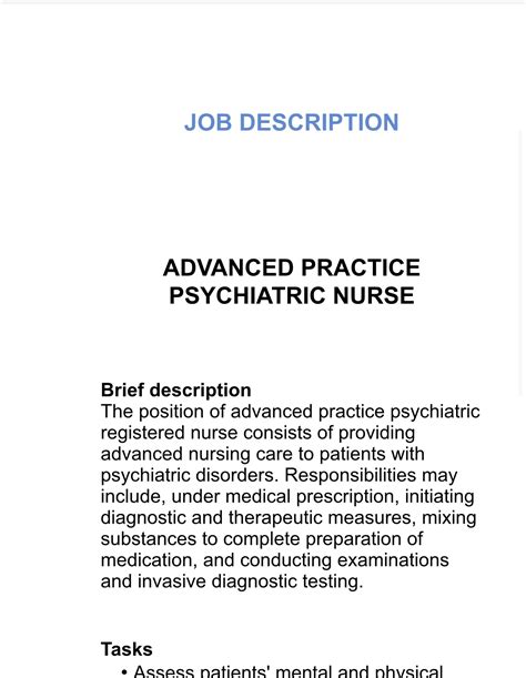 Advanced Practice Psychiatric Registered Nurse Job Description