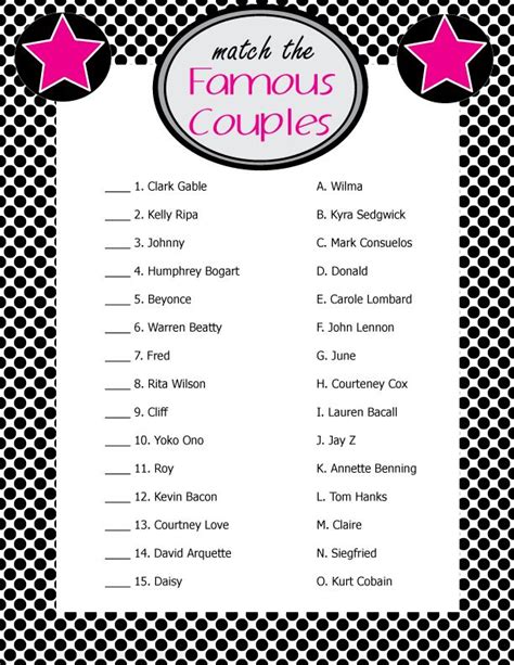 Printable Bridal Shower Game Match The Famous Couples Sent Directly To Your Email For You To