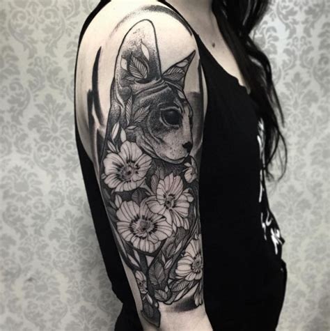 Black Work Cat With Flowers Half Sleeve Tattoo Cat Portrait Tattoos