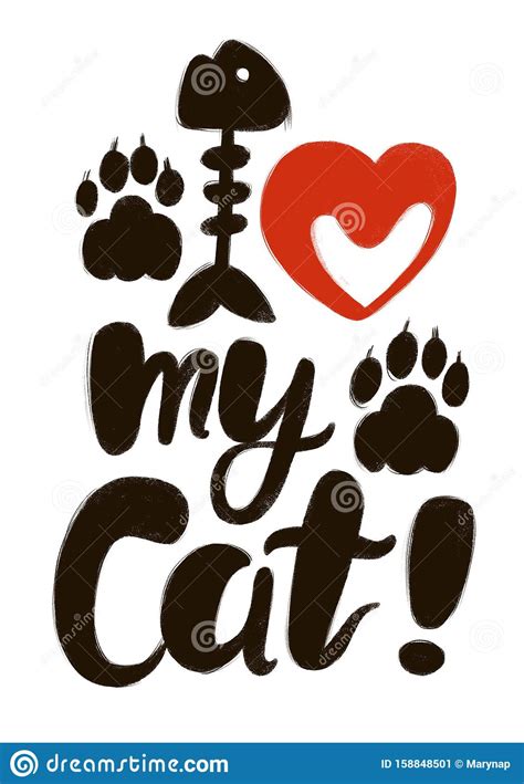 I Love My Cat Lettering Black And Red Hand Drawn Inscription Stock