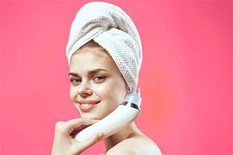 Pretty Woman With Towel On Head Naked Shoulders Skin Care Facial
