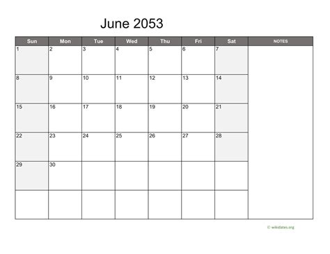 June 2053 Calendar With Notes