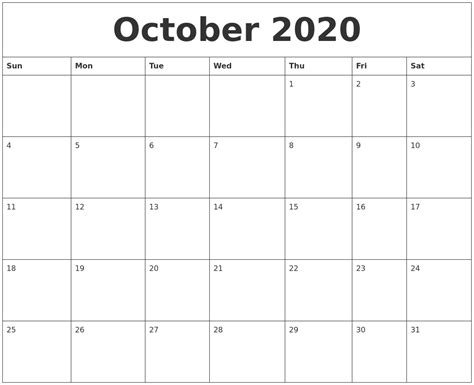 October 2020 Printable Daily Calendar