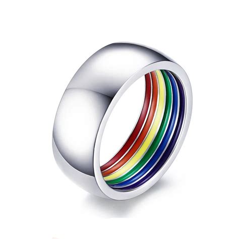 Inner Rainbow Rings For Men Stainless Steel Lgbt Wedding Party Ring 8mm Wide Gay Pride Jewelry