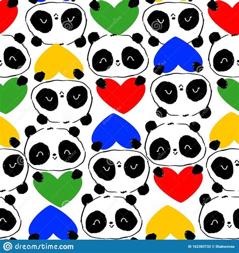 Background With Cute Pandas And Color Heart Illustration Cartoon