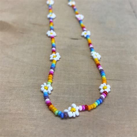 Daisy Chain Necklace Seed Bead Rainbow Flower Necklace Jewelry Made