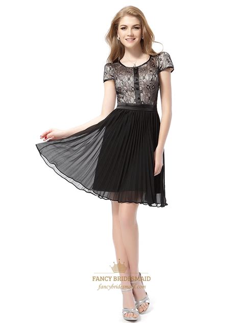 Black Short Sleeve Lace Pleated Chiffon Dress Black Lace Cocktail Dress With 3 4 Sleeves Fancy