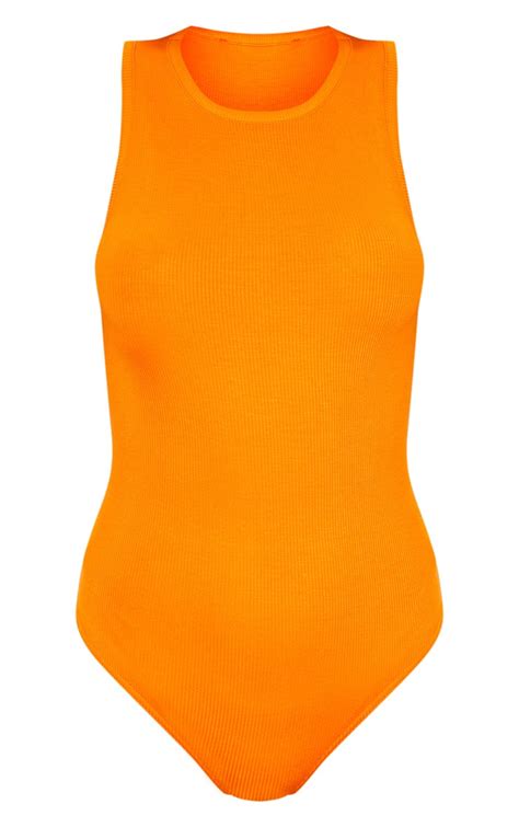 Orange Rib Racer Neck Sleeveless Bodysuit Prettylittlething Usa