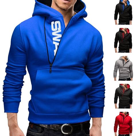 Mens Winter Print Swa Pullover Top Side Zip Printed Slim Hoodie Warm