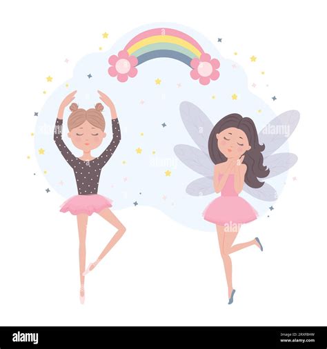 Cute Girls Ballerina And Fairy Dancing Fairy Tale Characters Flat