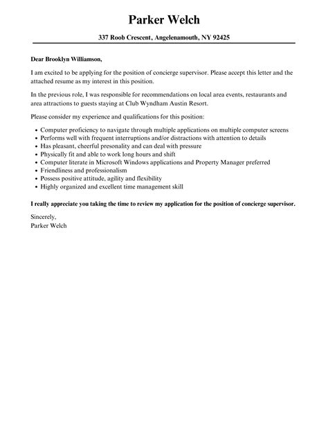Concierge Supervisor Cover Letter Velvet Jobs