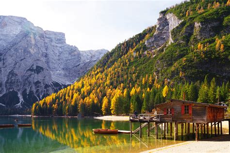 Amazing View Of Braies Lake Lago Di Braies With Autumn Fores