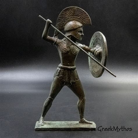 Ancient Spartan Greek Warrior Bronze Statue Armed With Helmet Shield