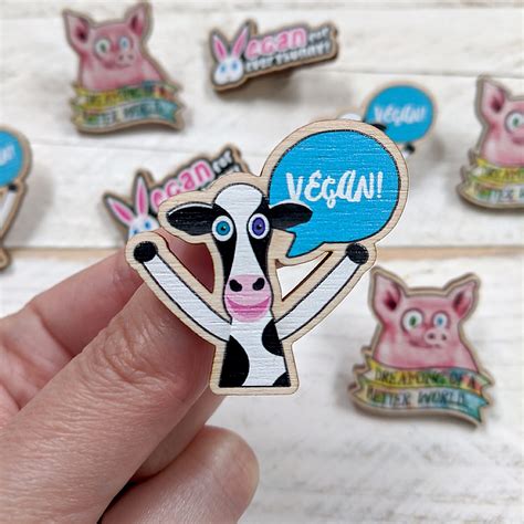 Vegan Cheering Cow Wood Pin Virtual Vegfest