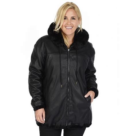 Plus Size Excelled Hooded Reversible Faux Leather Jacket Leather