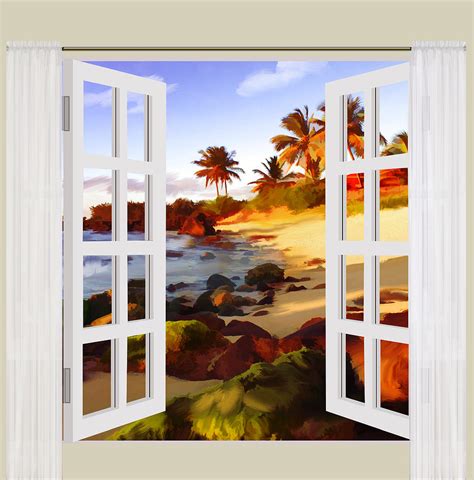 Window View Of Tropical Beach At Sunset Painting By Elaine Plesser