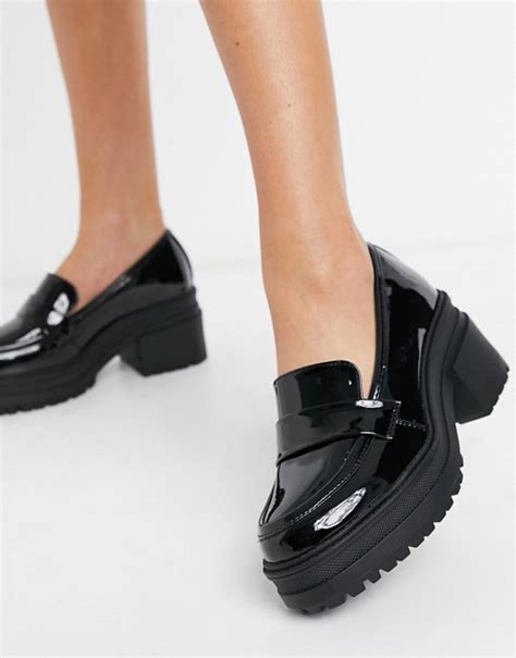 Asos Design Simone Chunky Mid Heeled Loafer In Black Patent Asos