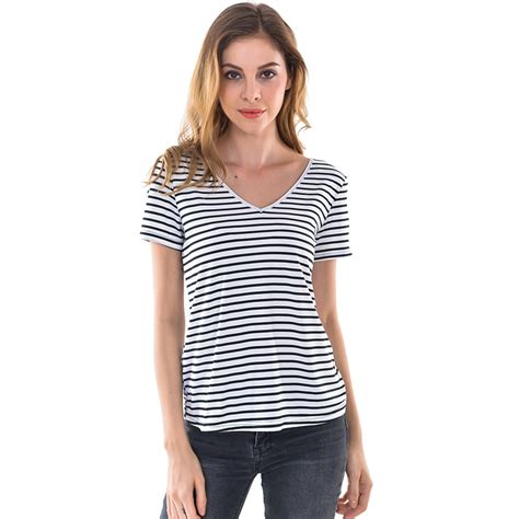 2018 Summer Short Sleeve Striped T Shirts Women Black And White Sexy V