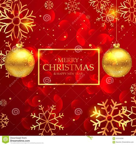 Amazing Red Merry Christmas Greeting Card With Hanging Golden Ba Stock