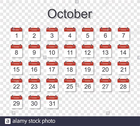 Monthly Calendar Template For October With Daily Date On Transparent