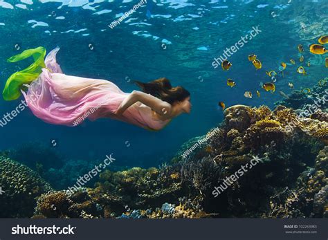 Fashion In Tropical Paradise Beautiful Model Underwater Watching