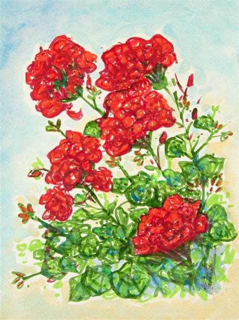 Red Geraniums Flowers In Acrylic On Heavy Watercolour Paper 12 Red
