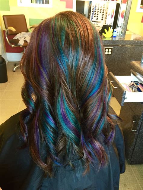 Brown Haircolor With Peacock Teal And Purple Highlights Throughout By Lauren Woodham