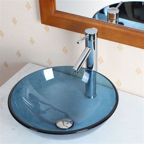 Elite Blue Tinted Transparent Round Glass Bathroom Vessel Sink Bowl With Chrome Pop Up Drain And