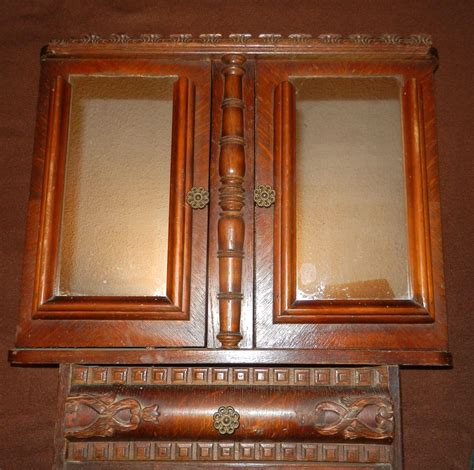 Antique Oak Wall Or Medicine Cabinet With Double Doors And Mirrors
