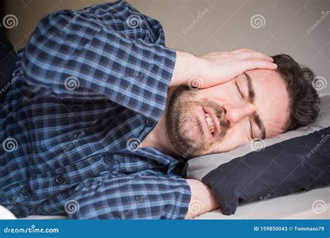 Man Can`t Sleep In Bed Suffering Insomnia Stock Image Image Of