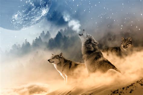 Three Wolves With Moon Illustration Hd Wallpaper Wallpaper Flare