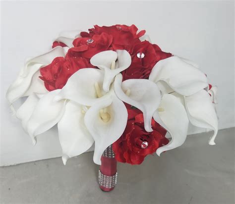 Ivory Red Rhinestone Rose Calla Lily Bridal Wedding Bouquet Etsy