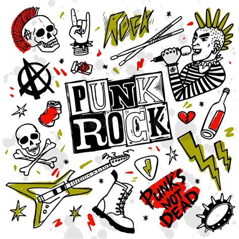 Punk Rock Set Punks Not Dead Words And Design Elements Vector