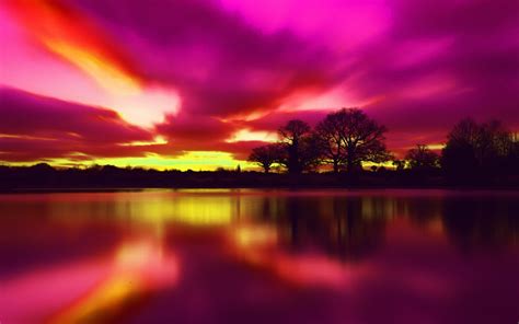 Nl32 Night Lake Red Sunset Nature Soft Violet Wallpaper