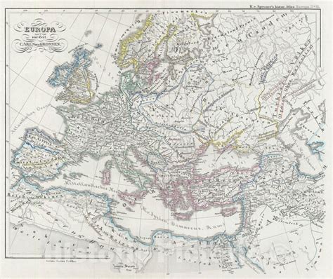 Historic Map Europe Under Charlemagne Spruner 1854 Vintage Wall A