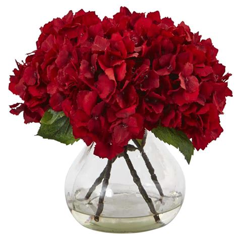Nearly Natural Red Hydrangea With Vase Silk Flower Arrangement 1441