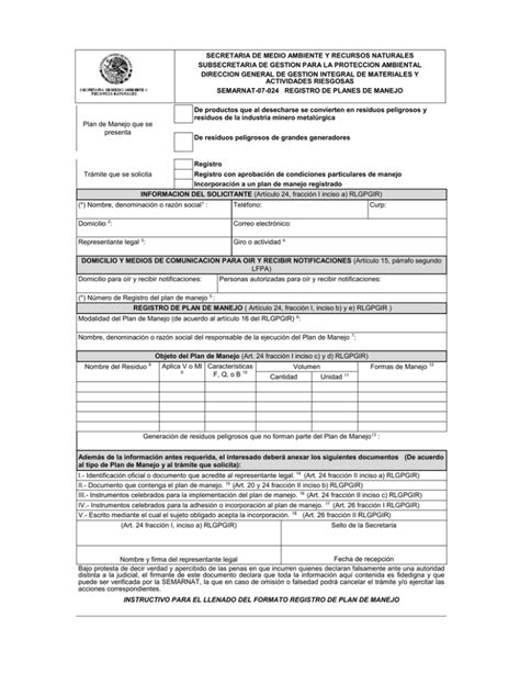 Formato Semarnat 07 024 Registro De Planes De Manejo
