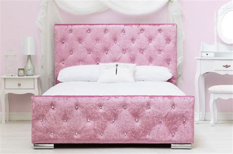 Upholstered in a soft touch velvet. Pink Crushed Velvet Upholstered Girls Princess Double Bed ...
